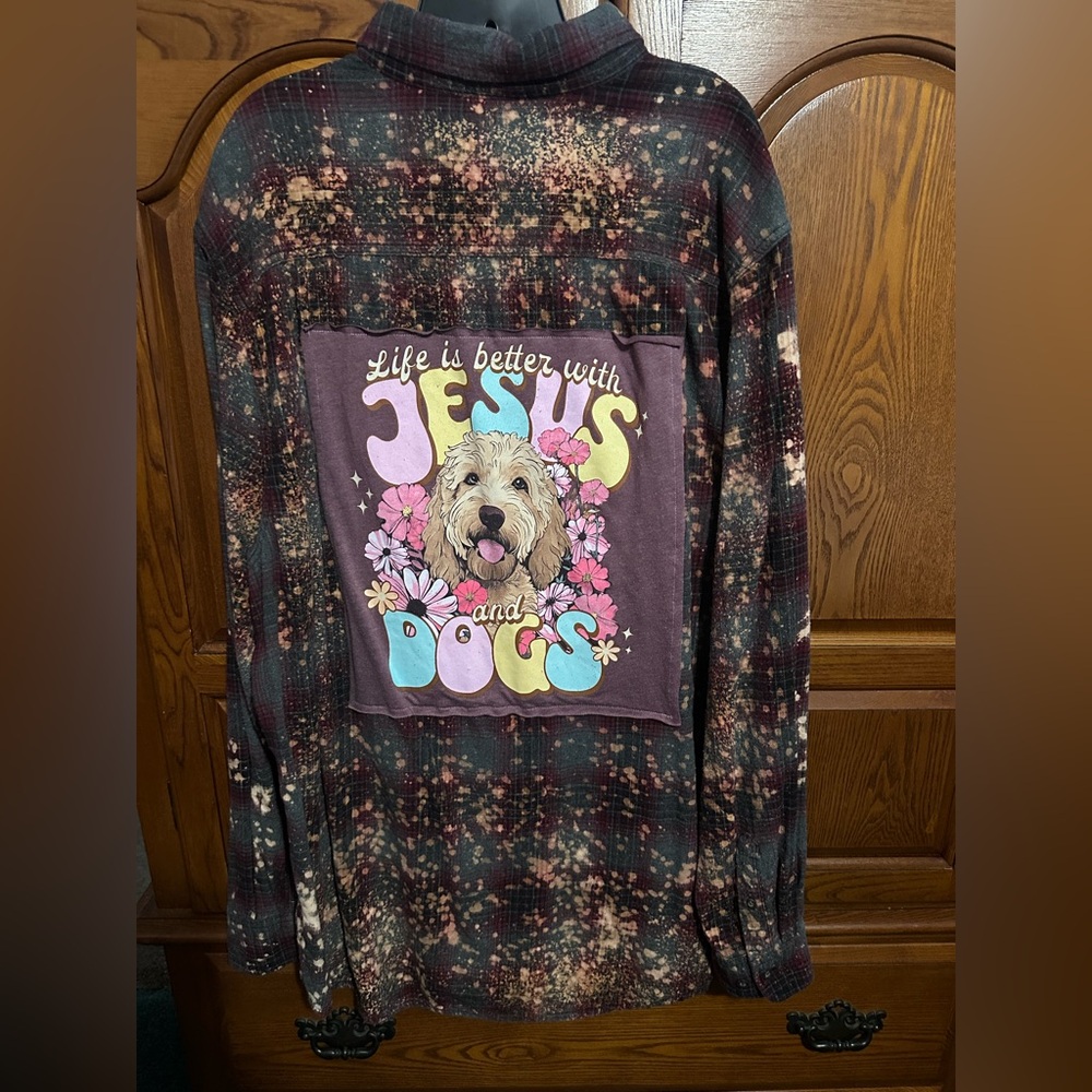 Jesus and Dogs upcycled bleached flannel tee One of a Kind